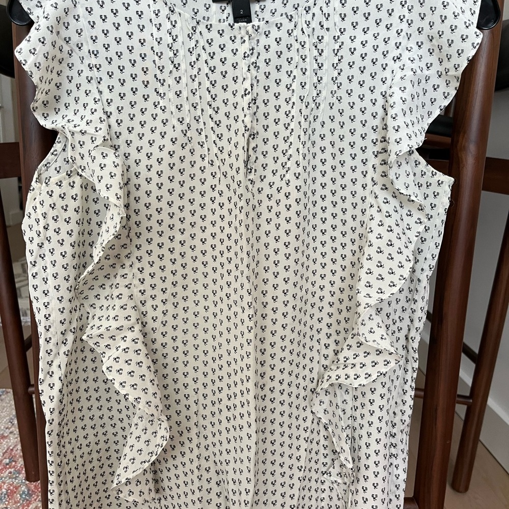 J. Crew White and Black Flutter Sleeve Ruffled Blouse in Silk